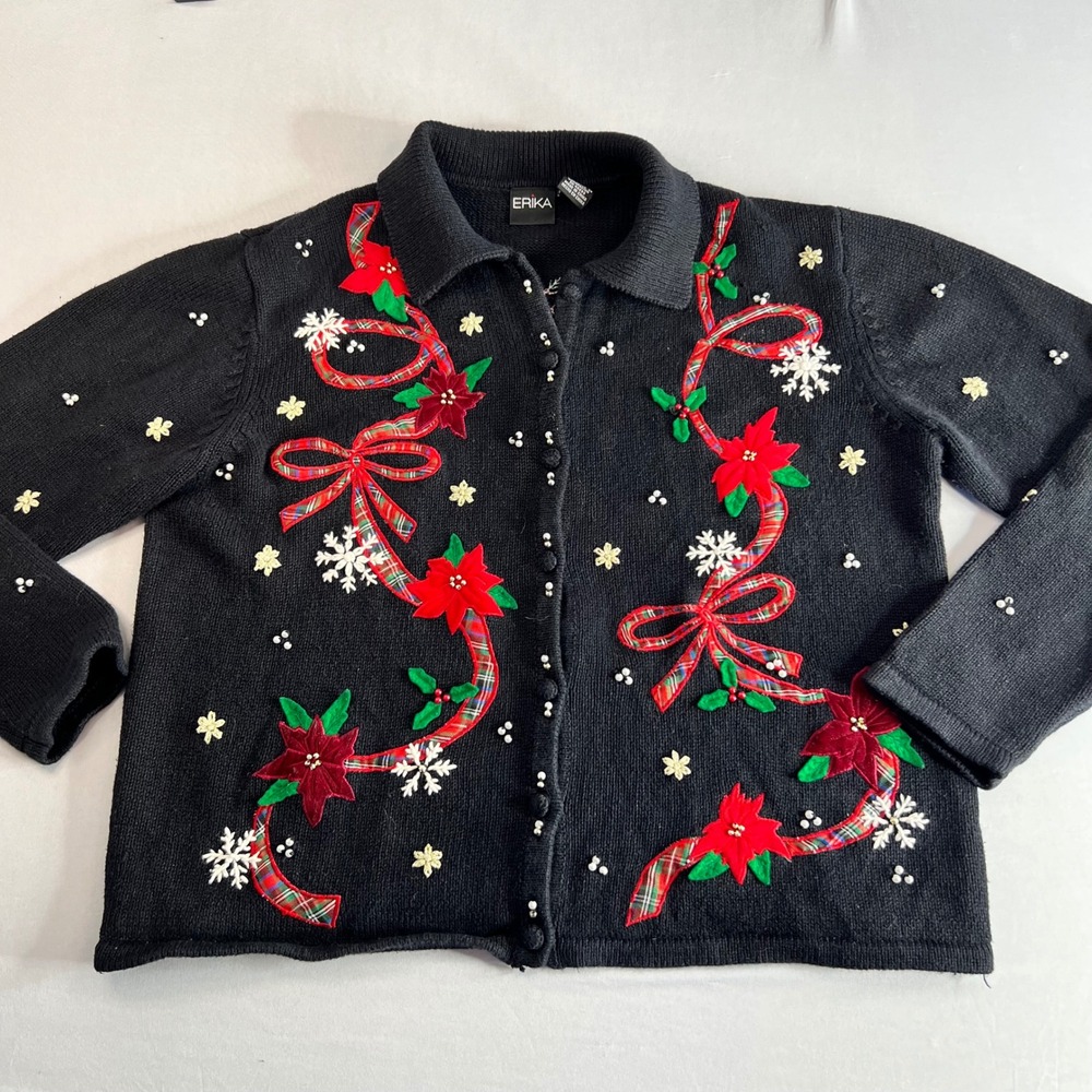 Vintage Erika Women's Christmas Sweater Cardigan | Size L | Kitsch Grandma